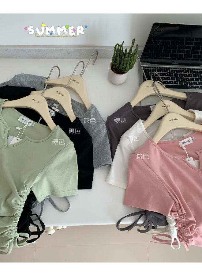 VUELO Summer New Design Sense Niche Hot Girl Shoulder Short Sleeve Korean Style Top Women's T-shirt Slimming V-neck Yoga Clothes  - Image 1