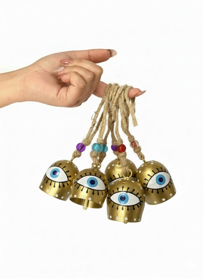 DULI Pack of 10 Rustic Mini Bell – Vintage Brass Hanging Bells for Decor & Craft (Wholesale), Wall Art, Diwali Decor, Home Decor Hanging Bells (PackOf5WhiteEyeGoldenBell-1.75inch) - Image 1