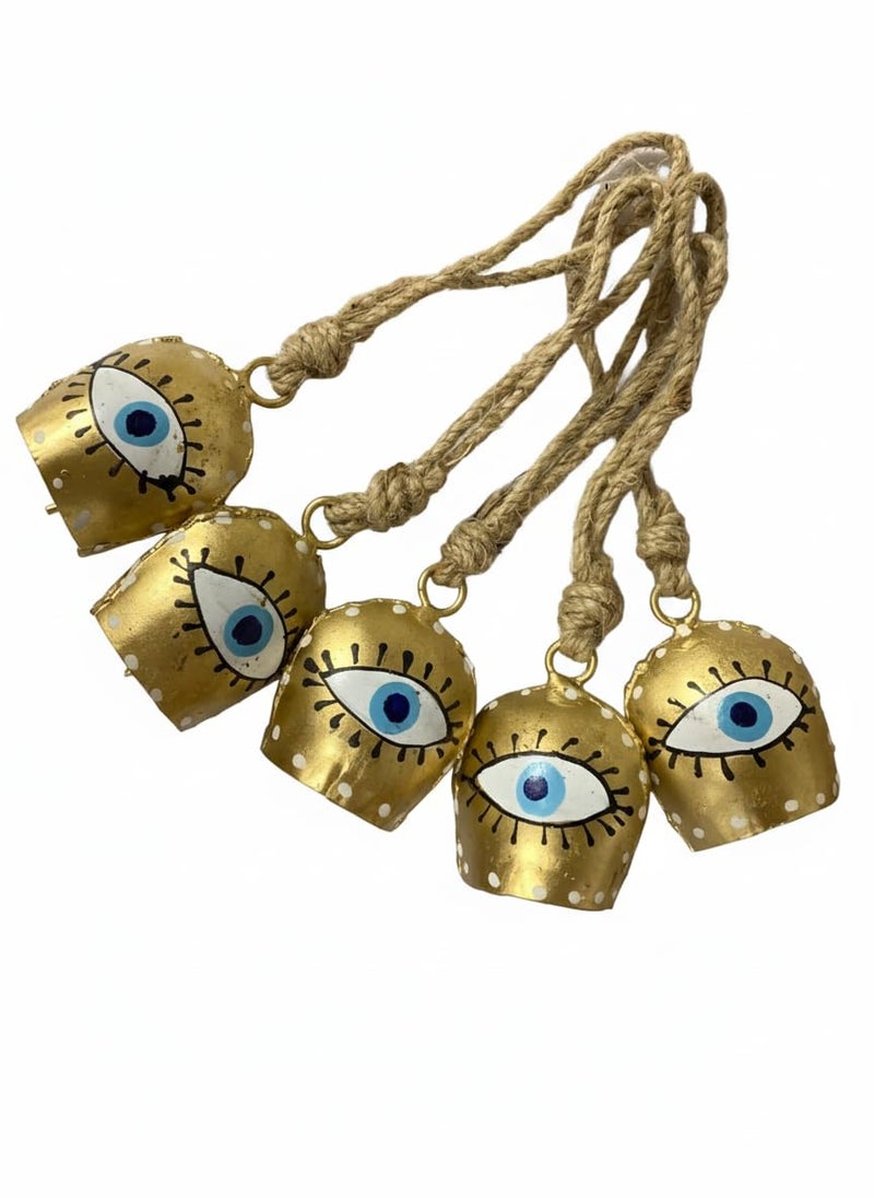 DULI Pack of 10 Rustic Mini Bell – Vintage Brass Hanging Bells for Decor & Craft (Wholesale), Wall Art, Diwali Decor, Home Decor Hanging Bells (PackOf5WhiteEyeGoldenBell-1.75inch) - Image 2