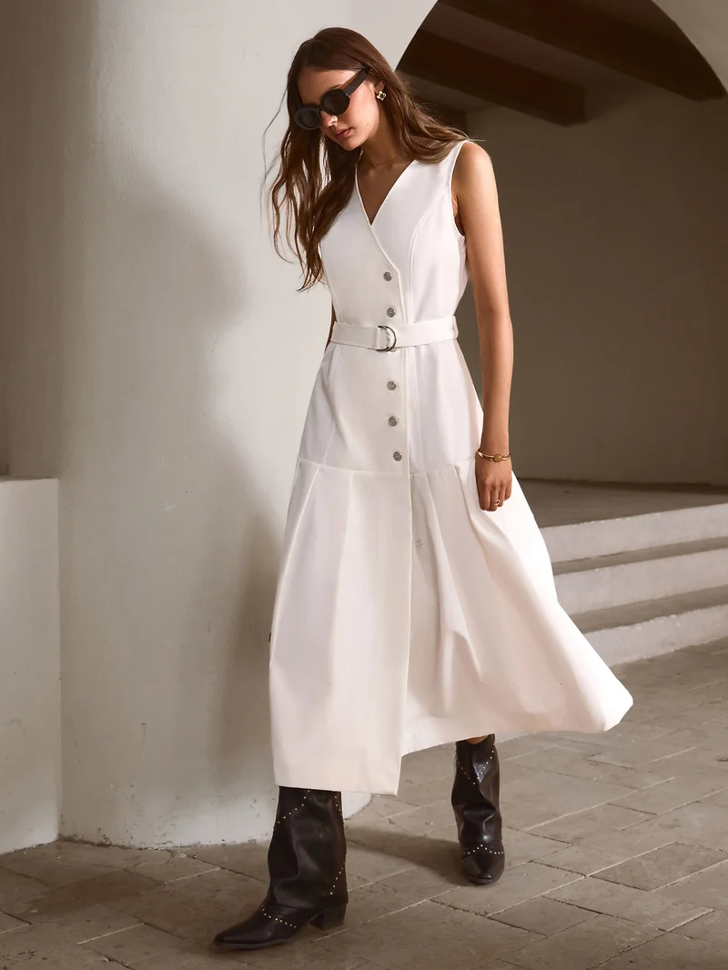 Simplee Dress V-Neck Sleeveless A-Line Ruffle White Office Ivory Pearl Fashion Summer Trendy Modern
