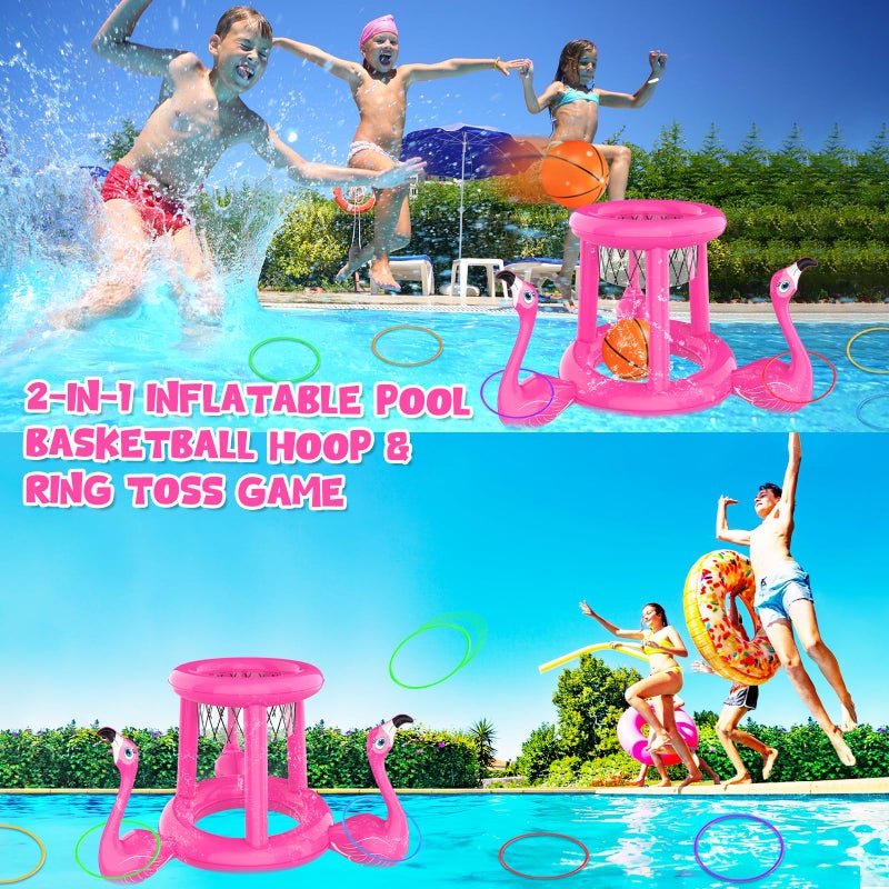 Hstyle Pool Toys Pool Floats Pool Games for Kids Adult, Inflatable Pool Basketball Hoop & Ring Toss Game, 2-in-1 Pool Floating Outdoor Party Water Toy for Adults Family Kids Ages 4-8-12 (Pink-1) - Image 4