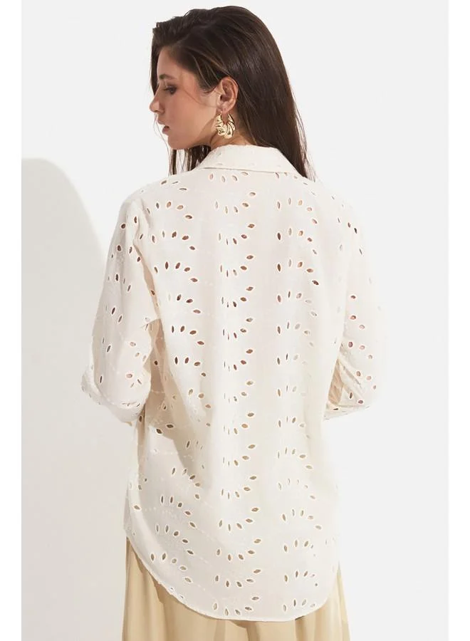 JUNE June Women Exclusive Oversize/Loose Fit 100% Cotton Embroidered Shirt Ecru