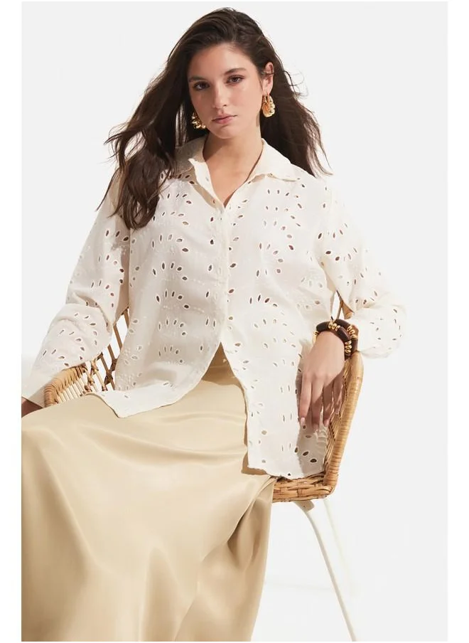 جون June Women Exclusive Oversize/Loose Fit 100% Cotton Embroidered Shirt Ecru