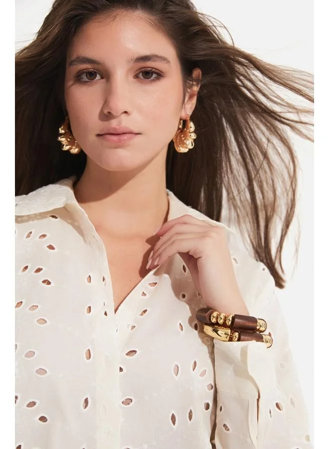 JUNE June Women Exclusive Oversize/Loose Fit 100% Cotton Embroidered Shirt Ecru