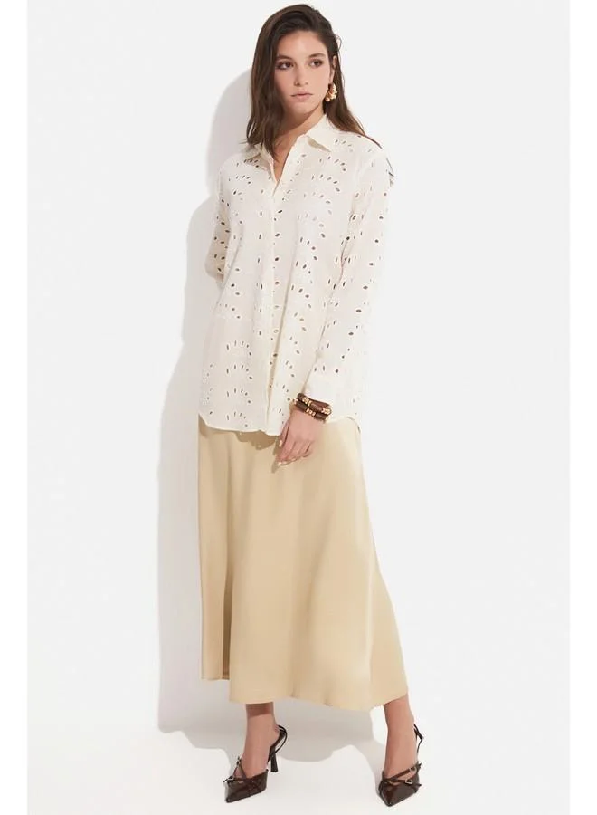 JUNE June Women Exclusive Oversize/Loose Fit 100% Cotton Embroidered Shirt Ecru