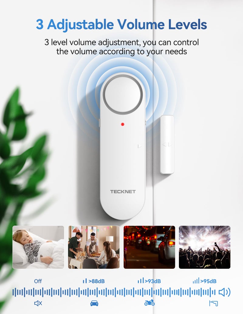 TECKNET Door Alarms When Opened, Window Door Alarm for Kids Safety, 2-in-1 Alarm & Chime, Door Sensor for Home Security, 3-Level Volume Control, Window Alarms for Garages, Apartment, 3Pcs - Image 3