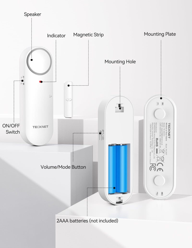 TECKNET Door Alarms When Opened, Window Door Alarm for Kids Safety, 2-in-1 Alarm & Chime, Door Sensor for Home Security, 3-Level Volume Control, Window Alarms for Garages, Apartment, 3Pcs - Image 5