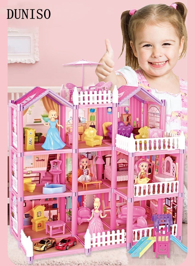 DUNISO بيت دمى ضخم مكون من 3 طوابق مجموعة ألعاب منزل المدينة لفتاة صغيرة أميرة أحلام بيت الدمى هدايا مع 9 غرف و 4 دمى للتجميع غرفة نوم، أثاث، حديقة DIY لعب تخيلي بيت دمى للأطفال من 3 سنوات فما فوق - Image 1