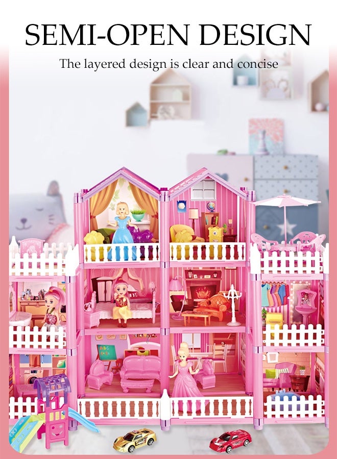 DUNISO بيت دمى ضخم مكون من 3 طوابق مجموعة ألعاب منزل المدينة لفتاة صغيرة أميرة أحلام بيت الدمى هدايا مع 9 غرف و 4 دمى للتجميع غرفة نوم، أثاث، حديقة DIY لعب تخيلي بيت دمى للأطفال من 3 سنوات فما فوق - Image 2