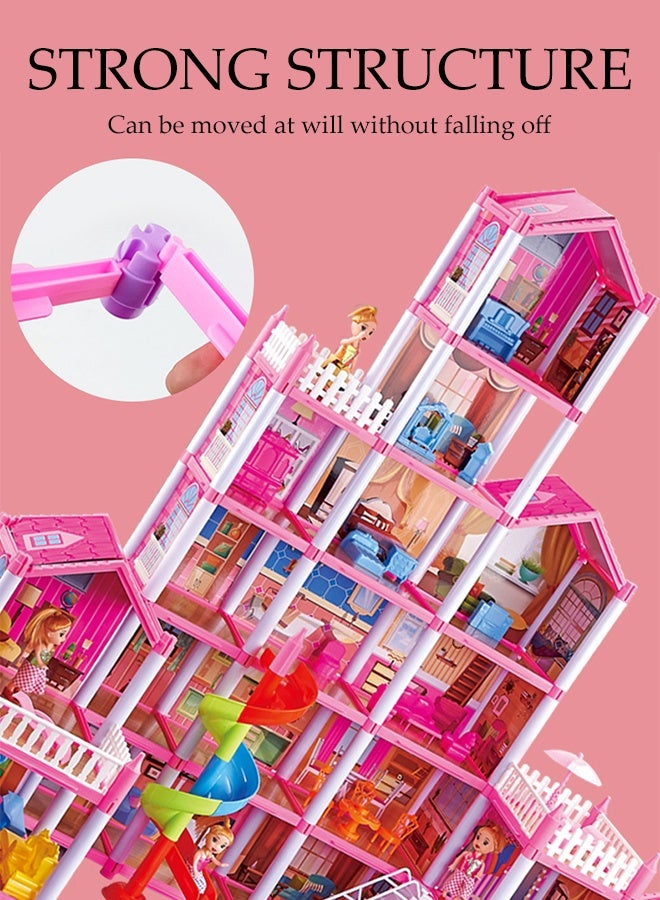 DUNISO بيت دمى ضخم مكون من 3 طوابق مجموعة ألعاب منزل المدينة لفتاة صغيرة أميرة أحلام بيت الدمى هدايا مع 9 غرف و 4 دمى للتجميع غرفة نوم، أثاث، حديقة DIY لعب تخيلي بيت دمى للأطفال من 3 سنوات فما فوق - Image 3
