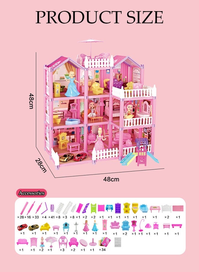 DUNISO بيت دمى ضخم مكون من 3 طوابق مجموعة ألعاب منزل المدينة لفتاة صغيرة أميرة أحلام بيت الدمى هدايا مع 9 غرف و 4 دمى للتجميع غرفة نوم، أثاث، حديقة DIY لعب تخيلي بيت دمى للأطفال من 3 سنوات فما فوق - Image 4