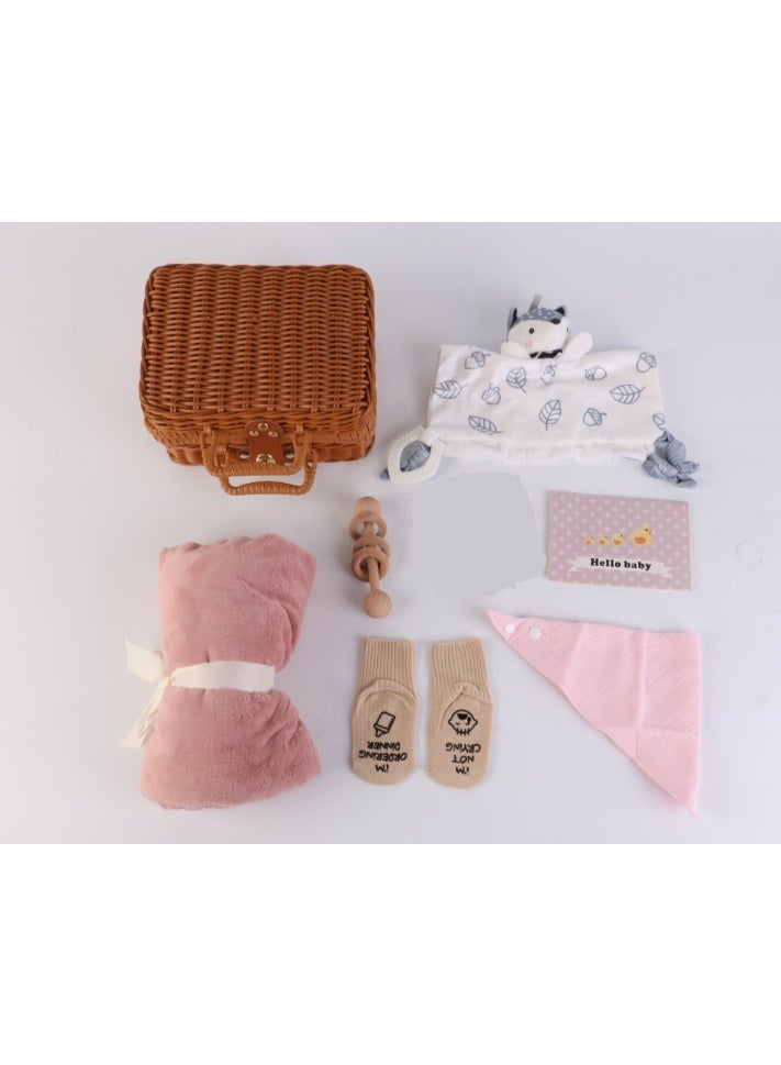 Snooze & Snuggles Newborn Baby Gift Basket Set (0-6M) – Soft Pink Blanket, Cute Plush Toy, Bib, Wooden Teether & Funny Baby Socks – Perfect Baby Shower & New Baby Gift, Pink - Image 2