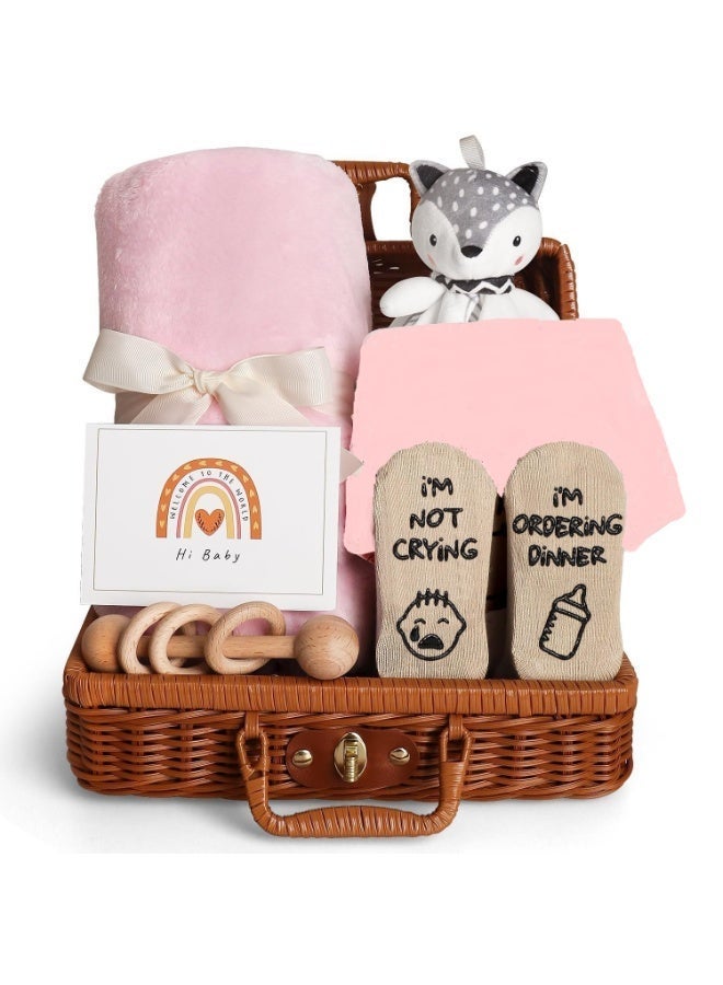 Snooze & Snuggles Newborn Baby Gift Basket Set (0-6M) – Soft Pink Blanket, Cute Plush Toy, Bib, Wooden Teether & Funny Baby Socks – Perfect Baby Shower & New Baby Gift, Pink - Image 1