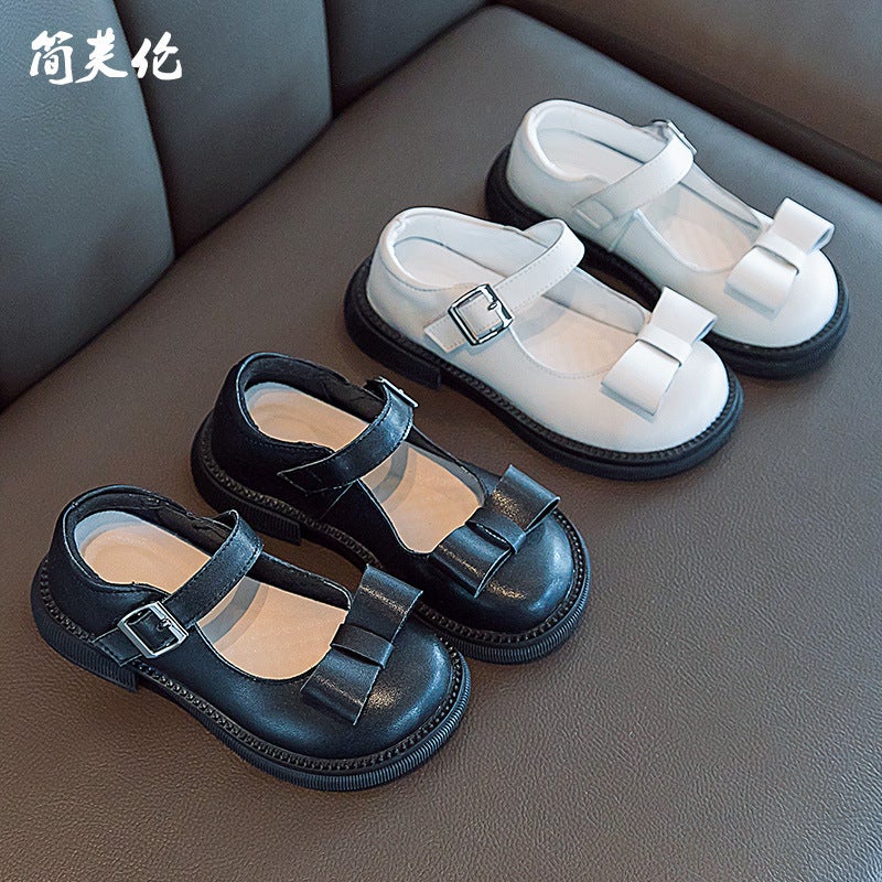 Genuine Leather Shallow Bow Princess Shoes Flats Kidsren Girls Soft Sole Black Girls Leather Shoes - Image 2