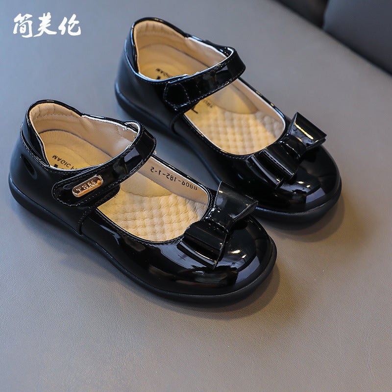 Genuine Leather Shallow Bow Princess Shoes Flats Kidsren Girls Soft Sole Black Girls Leather Shoes - Image 1