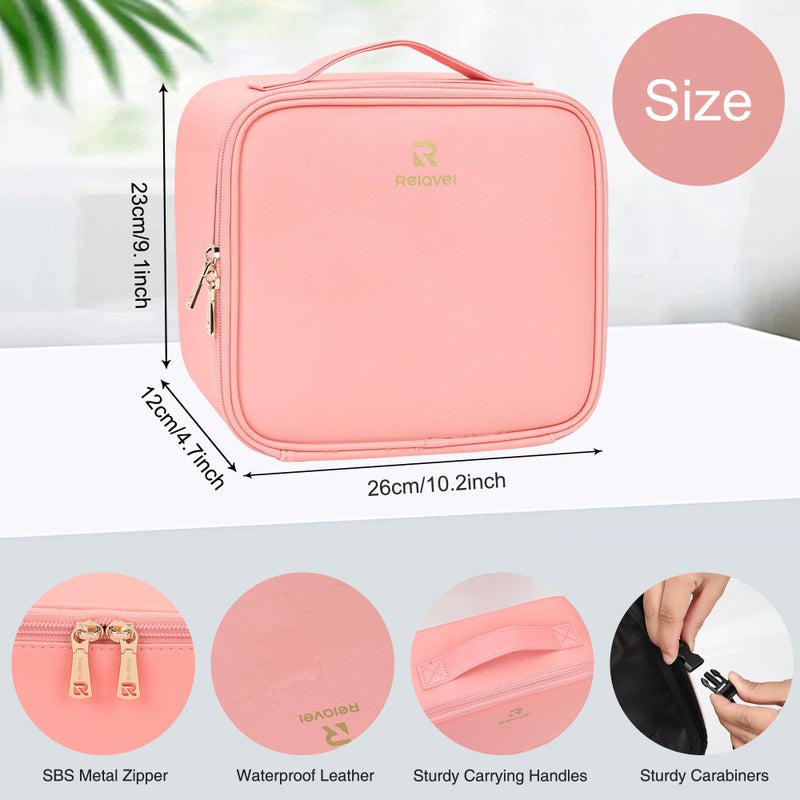 Relavel Travel Makeup Bag With LED Mirror Portable Travel Makeup Organizer 3 Color Adjustable Brightness Waterproof Cosmetic Train Case with Removable Dividers Makeup Storage for Women, Pink - Image 2
