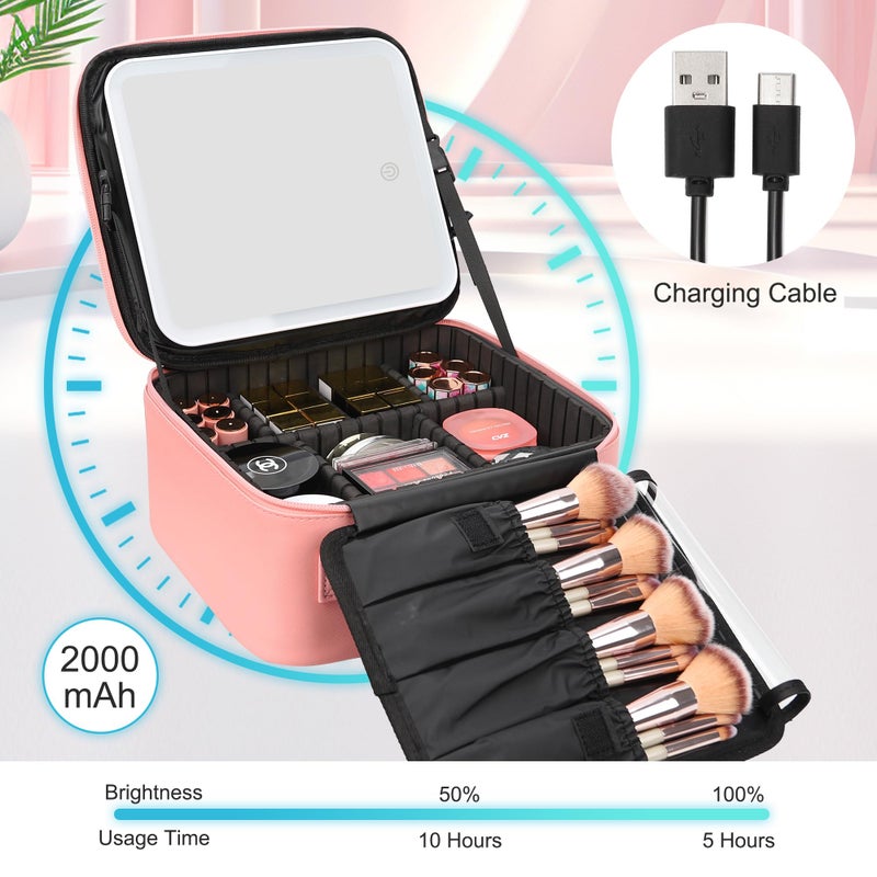 Relavel Travel Makeup Bag With LED Mirror Portable Travel Makeup Organizer 3 Color Adjustable Brightness Waterproof Cosmetic Train Case with Removable Dividers Makeup Storage for Women, Pink - Image 5
