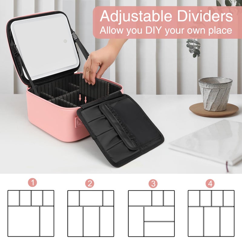 Relavel Travel Makeup Bag With LED Mirror Portable Travel Makeup Organizer 3 Color Adjustable Brightness Waterproof Cosmetic Train Case with Removable Dividers Makeup Storage for Women, Pink - Image 4