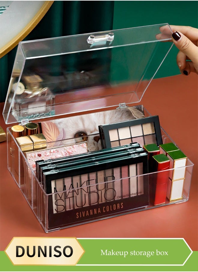 DUNISO Makeup Organizer, transparent plastic storage box ,cosmetics display box, dust proof storage box，with six compartments ，handles and lids, suitable for dressing table, bathroom, cabinet, pantry, kitchen storage box  - Image 1