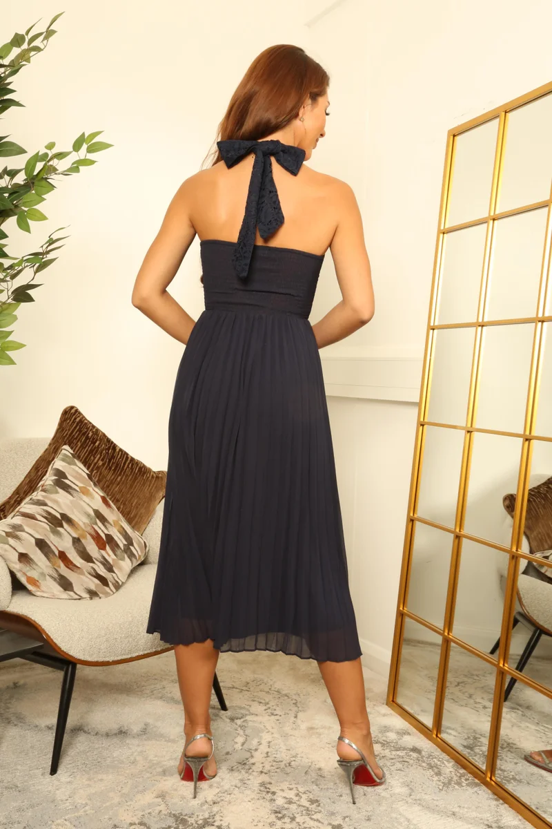 Double Second navy blue Cross Halterneck Pleated Skirt Midi Dress for Women | Best Price UAE