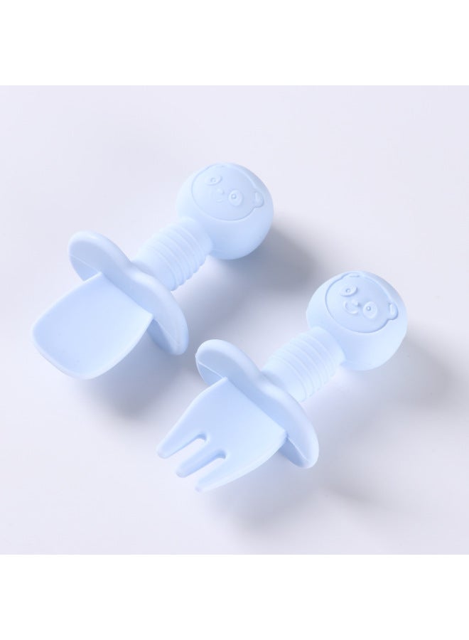 Food Grade Children's Wooden Handle Silicone Spoon Fork Tableware Baby Training Complementary Food Spoon Baby Feeding Spoon Fork-Specifications:Default-Color:Light Blue (full Silicone + Short Spoon + Short Fork) - Image 1