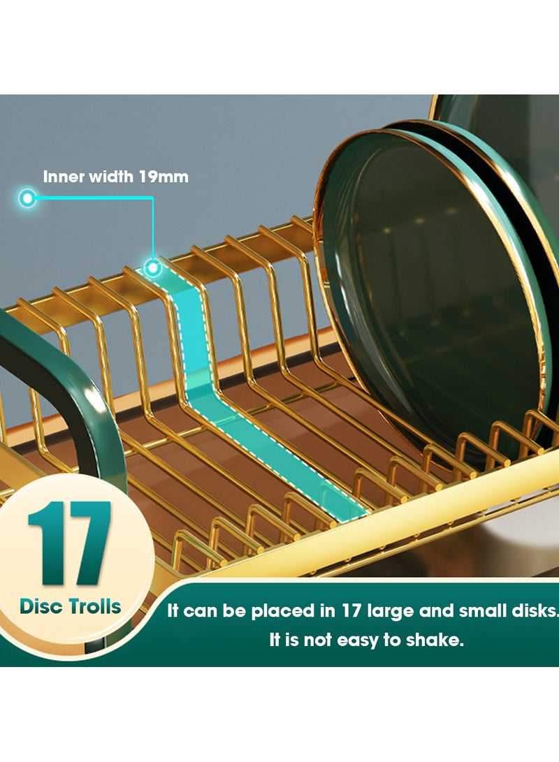 اويسيس رف صحون مع حامل تجفيف الأطباق ومجفف الأطباق ذو السعة الكبيرة ومصفاة الأطباق مع حامل الأواني وحامل السكاكين وحامل لوح التقطيع ولوح تصريف قابل للإزالة للمطبخ باللون الذهبي (طبقتين). - Image 3