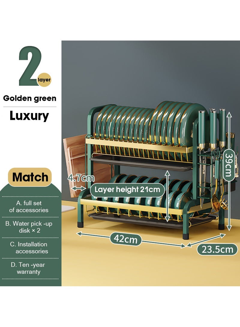 اويسيس رف صحون مع حامل تجفيف الأطباق ومجفف الأطباق ذو السعة الكبيرة ومصفاة الأطباق مع حامل الأواني وحامل السكاكين وحامل لوح التقطيع ولوح تصريف قابل للإزالة للمطبخ باللون الذهبي (طبقتين). - Image 1