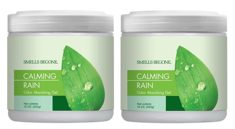 SMELLS BEGONE Air Freshener Odor Absorber Gel - 15 oz, Pack of 2 - Absorbs and Eliminates Odor in Pet Areas, Bathrooms, Cars, & Boats - Made with Essential Oils - Calming Rain Scent - Image 1