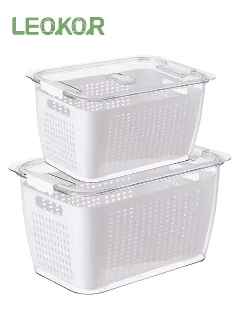 2-Pack Vegetable and Fruit Storage Containers for Fridge Organizer Produce Saver Containers for Refrigerator Lettuce Keeper BPA-Free Kitchen Organization with Lids and Air Vents White