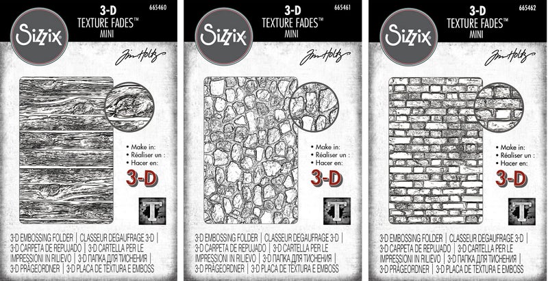 Tim Holtz Sizzix 3D Texture Fades Embossing Folders  Mini Lumber Mini Cobblestone and Mini Brickwork  3 Item Bundle