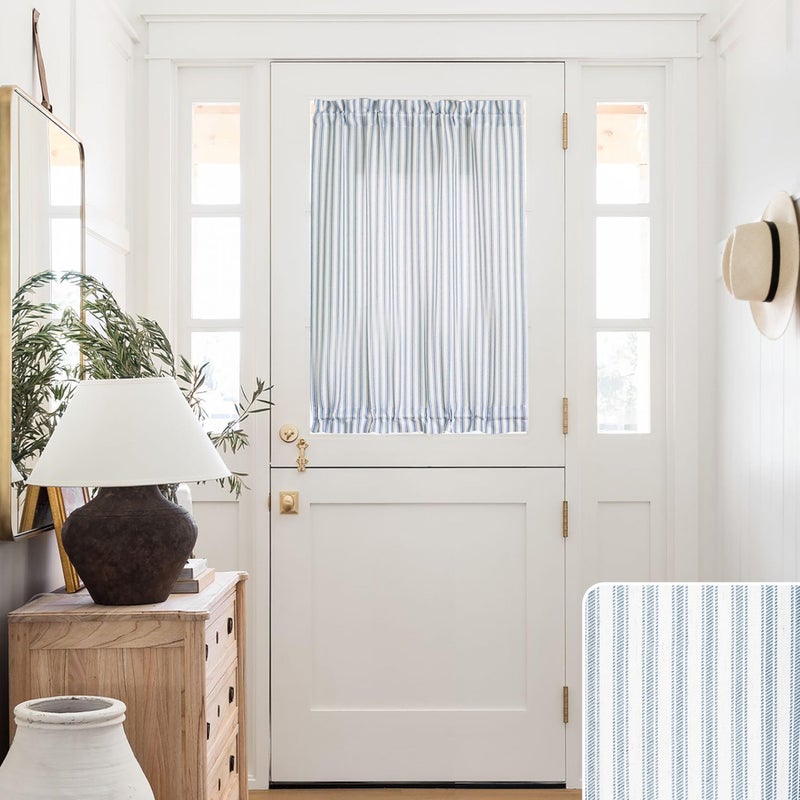 Lino Rosa Door Curtains for Front Door Glass Window,Coastal White and Ligth Blue Striped Sheer Linen 40 Inch Short Beachy Ticking Stripe Beach Curtains for Small Kitchen Windows 25x40 in Length - Image 1