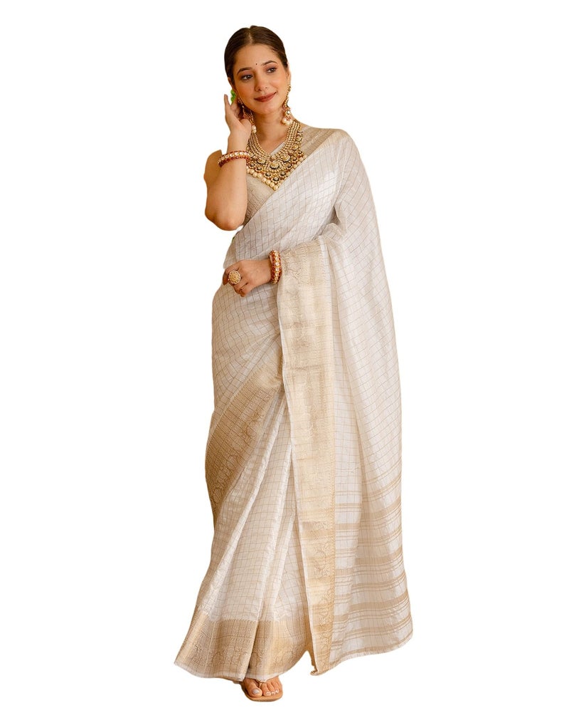 SIRIL Women's Pongal Special Weaving Onam Saree with Unstitched blouse Piece(4668S822_off-White) - Image 1