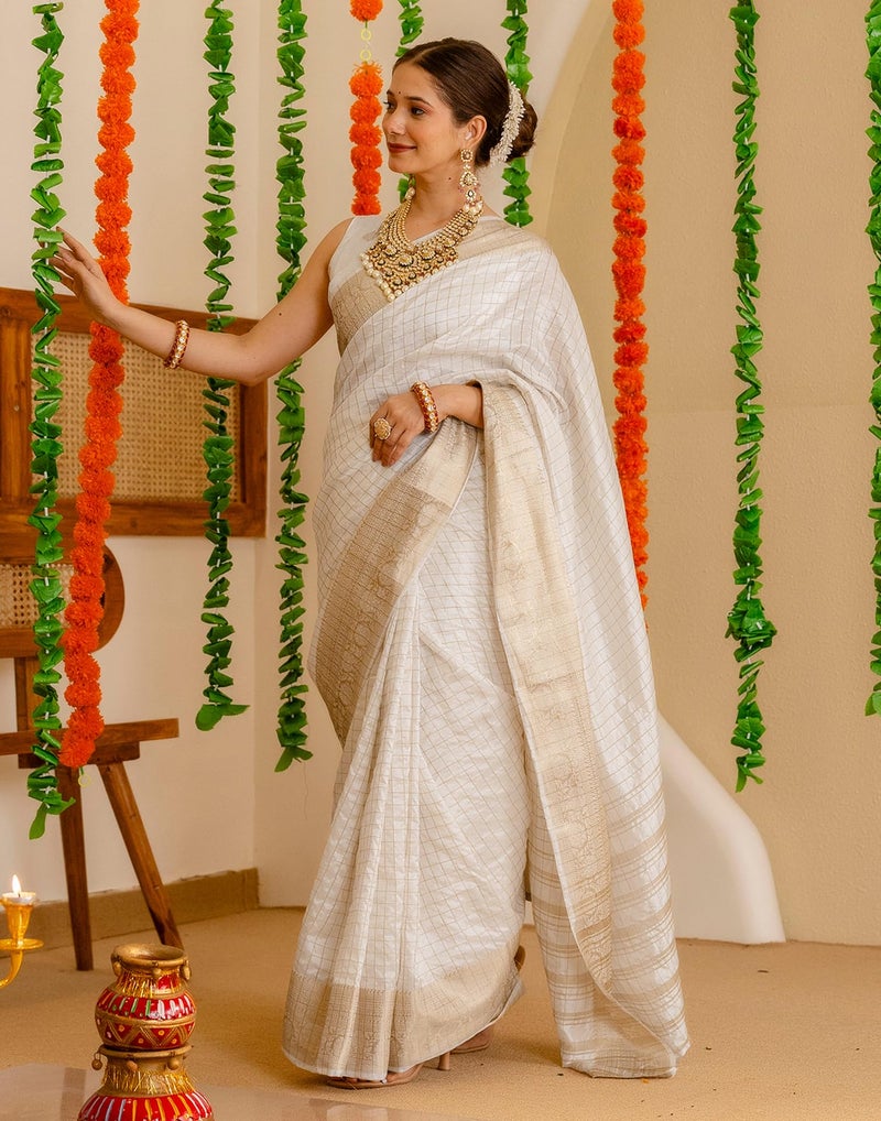 SIRIL Women's Pongal Special Weaving Onam Saree with Unstitched blouse Piece(4668S822_off-White) - Image 2