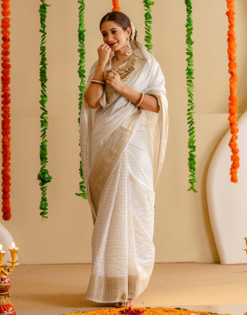 SIRIL Women's Pongal Special Weaving Onam Saree with Unstitched blouse Piece(4668S822_off-White) - Image 4