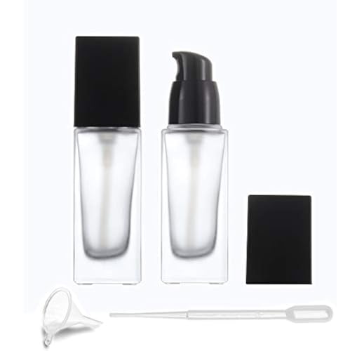 Furnido 2 Pack 30ml/1 Oz Frosted Glass Foundation Bottle,Empty Refillable Square Lotion Bottle With Press Pump for Lotion Liquid Body Cream Cosmetic Travel Foundation Samples Vials-Pipette&Funnel Included - Image 1