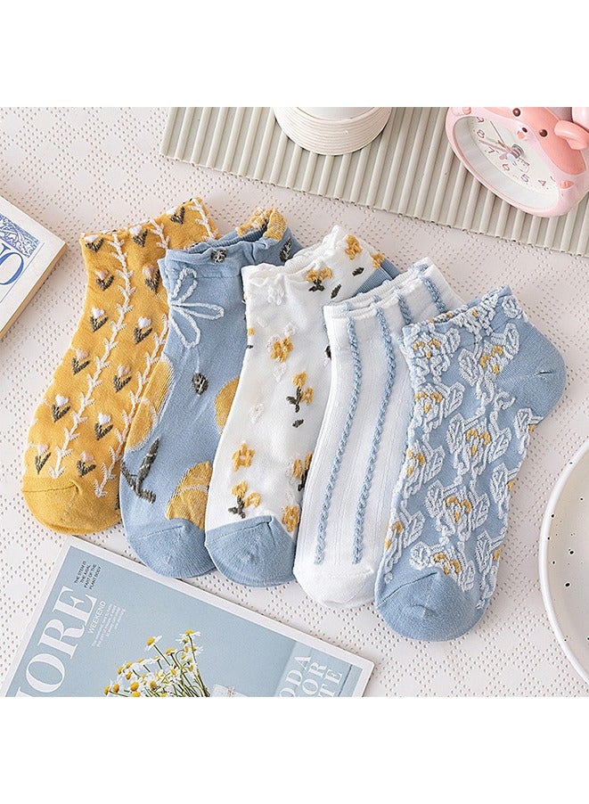 5 أزواج من الجوارب النسائية الكاجوال ذات الحواف الدانتيلية، جوارب زهرية على طراز القصر، جوارب قصيرة للكاحل بتصميم فني عتيق. (أصفر/أبيض/أزرق) - Image 1