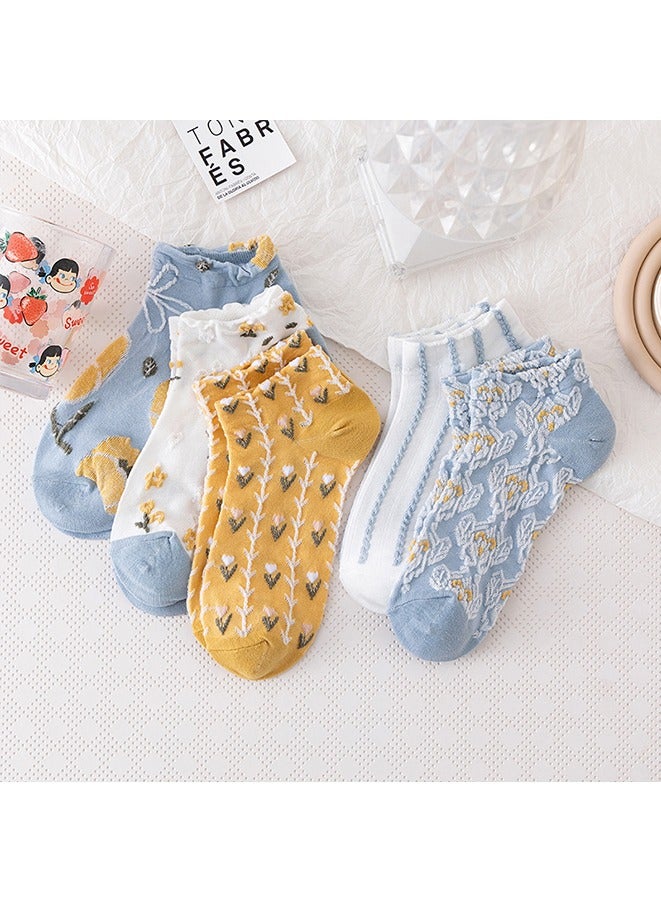 5 أزواج من الجوارب النسائية الكاجوال ذات الحواف الدانتيلية، جوارب زهرية على طراز القصر، جوارب قصيرة للكاحل بتصميم فني عتيق. (أصفر/أبيض/أزرق) - Image 4