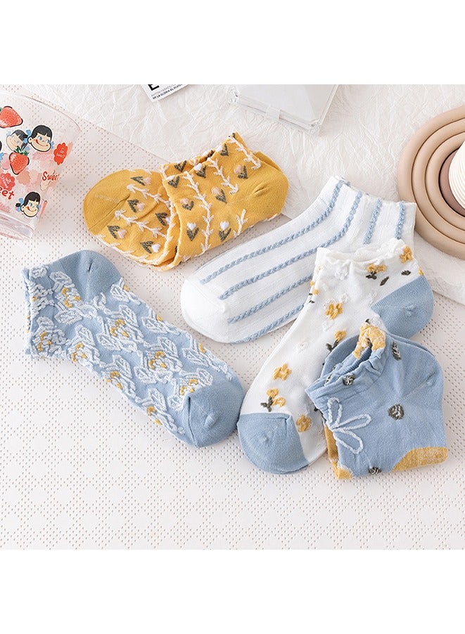 5 أزواج من الجوارب النسائية الكاجوال ذات الحواف الدانتيلية، جوارب زهرية على طراز القصر، جوارب قصيرة للكاحل بتصميم فني عتيق. (أصفر/أبيض/أزرق) - Image 5