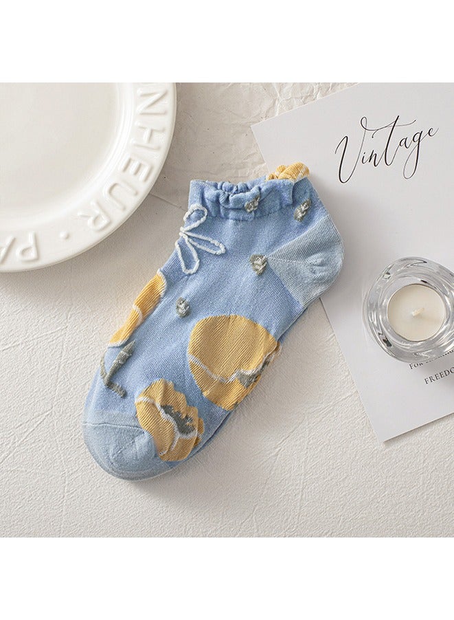 5 أزواج من الجوارب النسائية الكاجوال ذات الحواف الدانتيلية، جوارب زهرية على طراز القصر، جوارب قصيرة للكاحل بتصميم فني عتيق. (أصفر/أبيض/أزرق) - Image 2