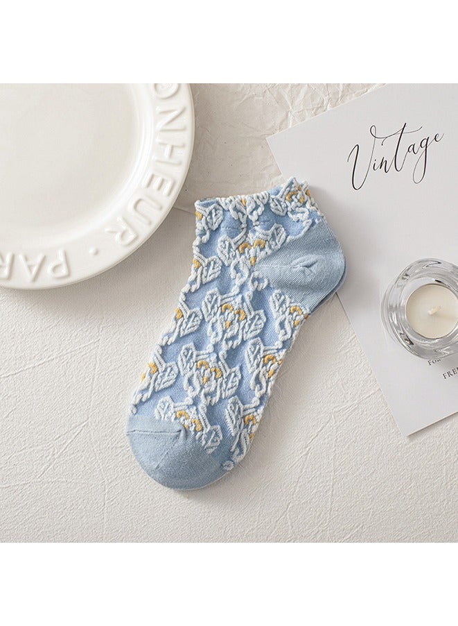 5 أزواج من الجوارب النسائية الكاجوال ذات الحواف الدانتيلية، جوارب زهرية على طراز القصر، جوارب قصيرة للكاحل بتصميم فني عتيق. (أصفر/أبيض/أزرق) - Image 3