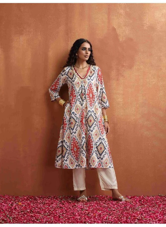 ترو برونز trueBrowns Off White Ikat Print Kurta Set