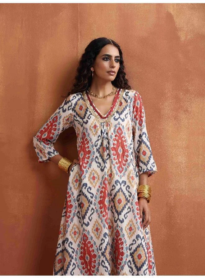 trueBrowns Off White Ikat Print Kurta Set
