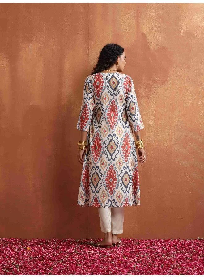 trueBrowns Off White Ikat Print Kurta Set