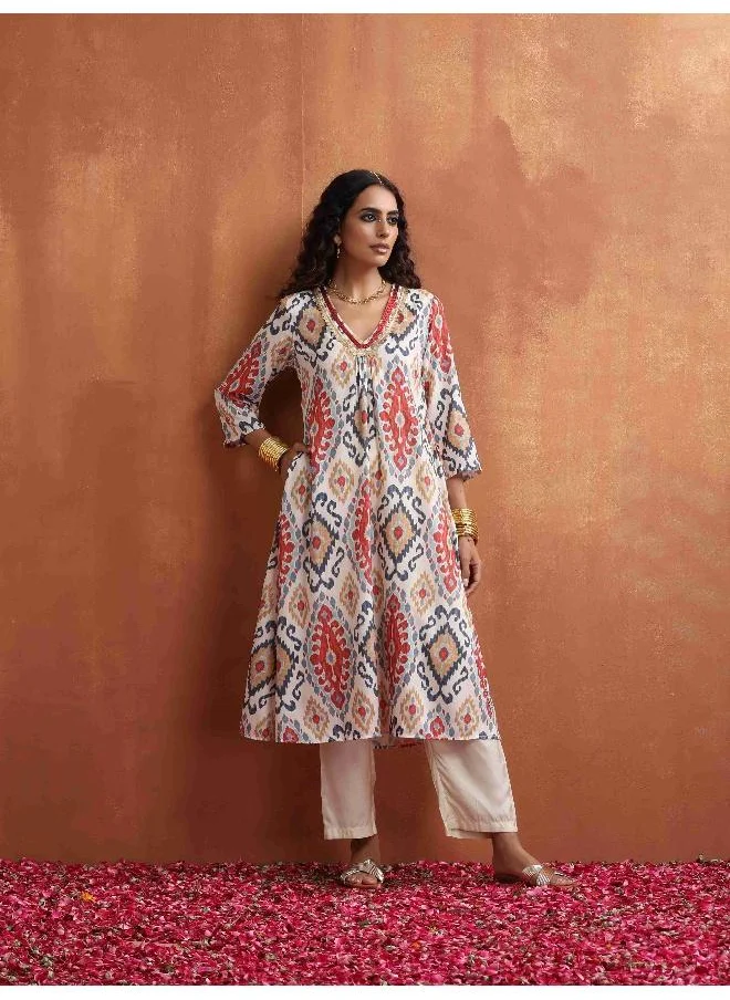 trueBrowns Off White Ikat Print Kurta Set