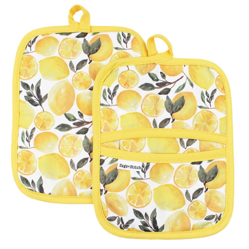 Sage+Stitch SageStitch Heat Resistant Designer Pot Holders with Hand Pockets and Hanging Loops  Set of 2 100 Cotton Dual Function Kitchen Pot Holders and Trivets  7 x 9  Yellow Lemons 