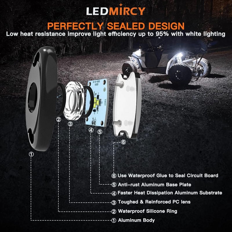 LEDMIRCY أضواء الصخور LEDMIRCY LED البيضاء 6 قطع للطرق الوعرة الشاحنات السيارات القوارب RZR ATV SUV مقاومة للماء عالية الطاقة أضواء مسار النيون مقاومة للصدمات (عبوة من 6، أبيض) - Image 5