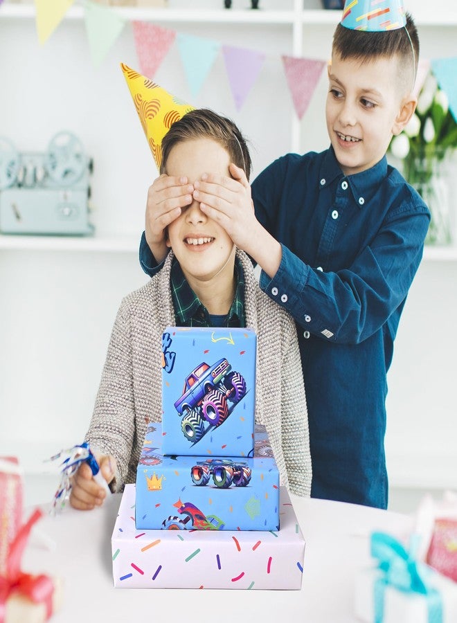Vnaaem Reversible Monster Truck Birthday Wrapping Paper Roll for Boys Kids - Blue Shark Monster Truck & Colorful Confetti Design Gigt Wrap for Holiday Baby Shower DIY Craft Party - 17 in x 20 ft(Total - Image 5