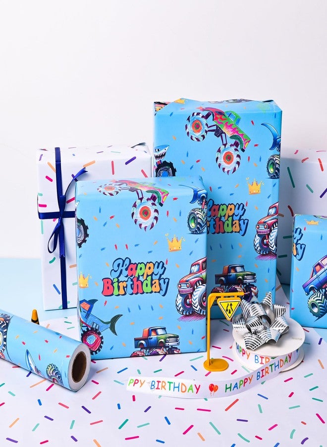 Vnaaem Reversible Monster Truck Birthday Wrapping Paper Roll for Boys Kids - Blue Shark Monster Truck & Colorful Confetti Design Gigt Wrap for Holiday Baby Shower DIY Craft Party - 17 in x 20 ft(Total - Image 3