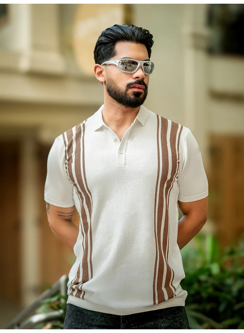 مانياك تيشيرت بولو رجالي مانياك مخطط عمودي نصف كم قطن أبيض وبني محبوك مسطح