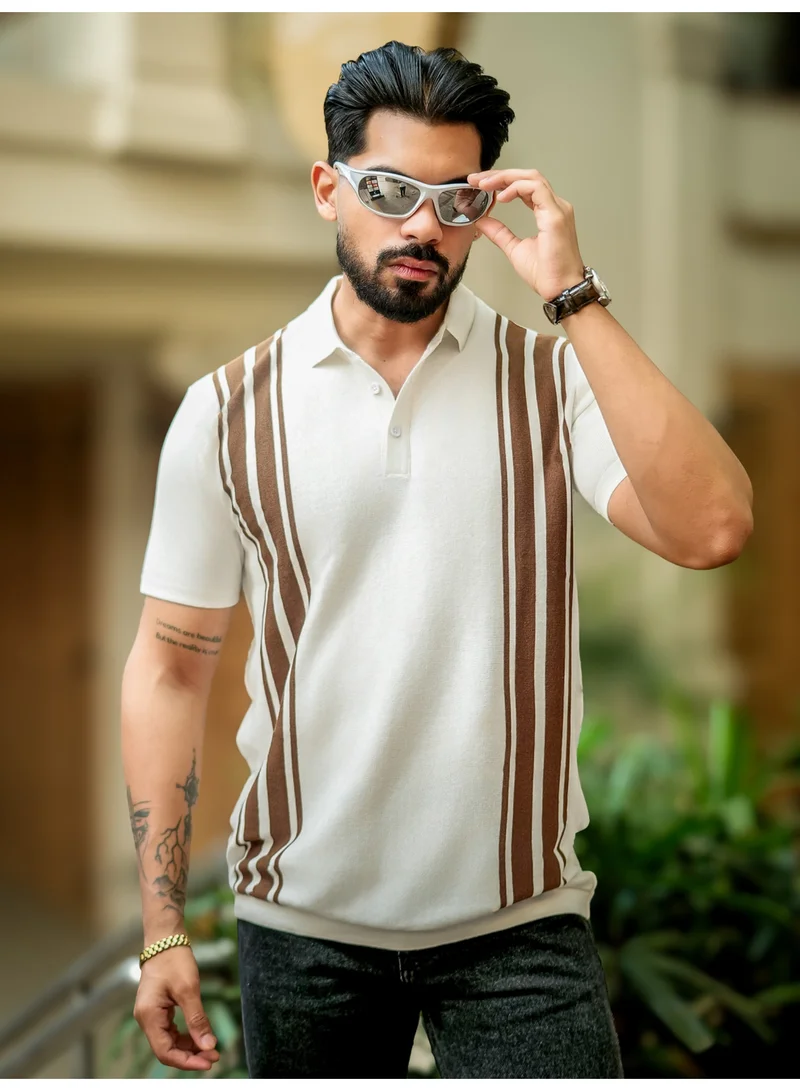 مانياك تيشيرت بولو رجالي مانياك مخطط عمودي نصف كم قطن أبيض وبني محبوك مسطح